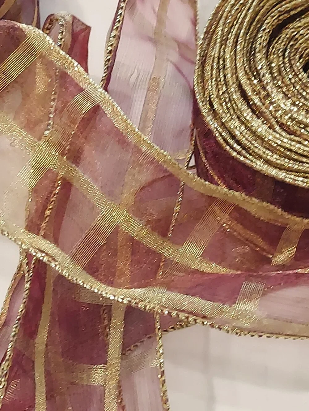 Sullivans Sheer Wired Ribbon, Burgandy/Bronze Gold Metallic Trim/Plaid,17yds,New